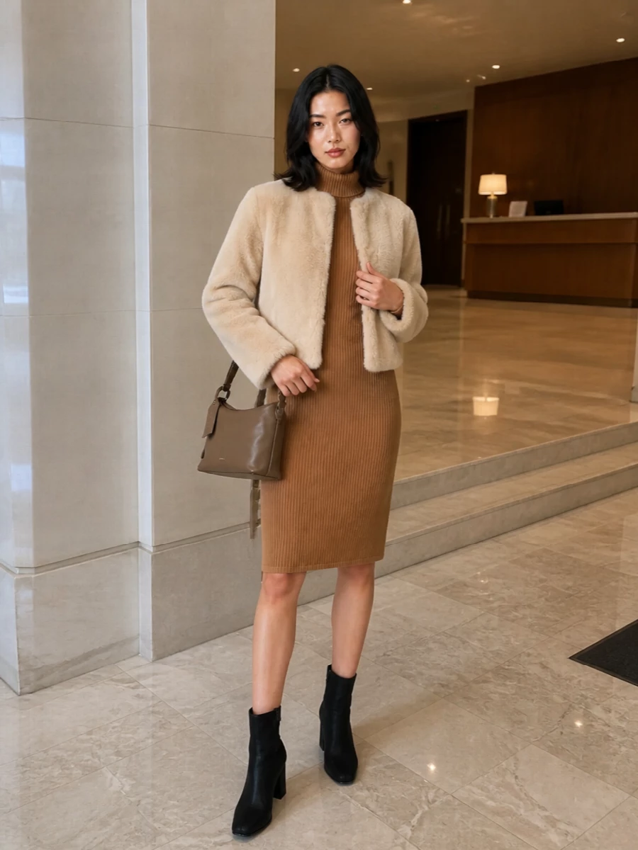 Max mara faux fur jacket camel sweater dress