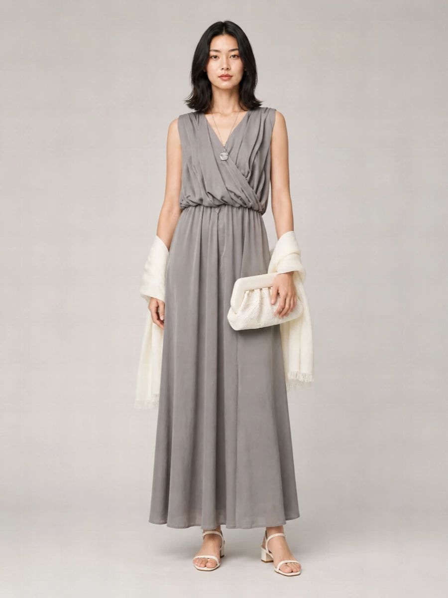 Lardini Silk Draped V-Neck Sleeveless Midi Dress