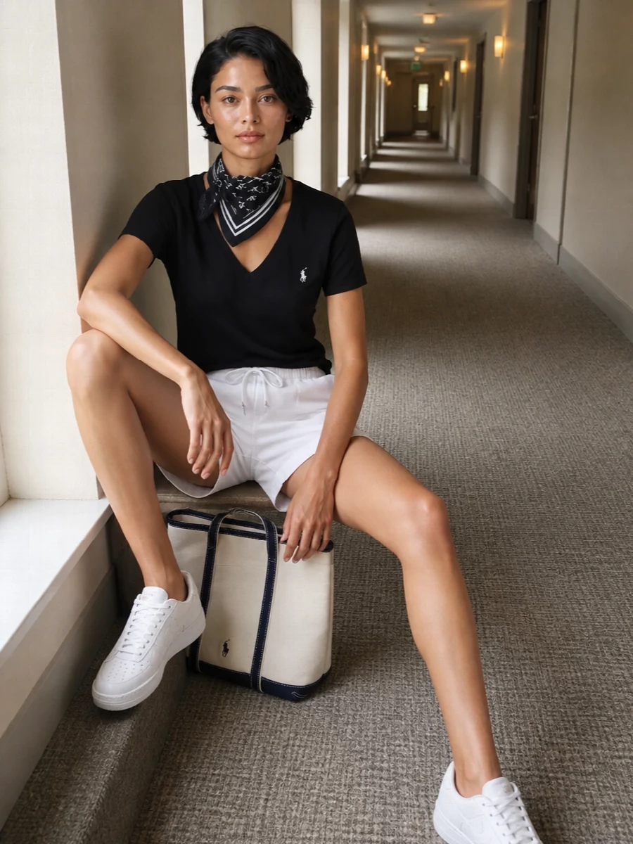 A black V-neck tee sits against crisp white pull-on shorts for a clean, sporty preppy feel. White sneakers keep the mood relaxed and practical, while a cream-and-navy canvas tote and a graphic black-and-white silk scarf add just enough polish for city strolls or coastal weekends.