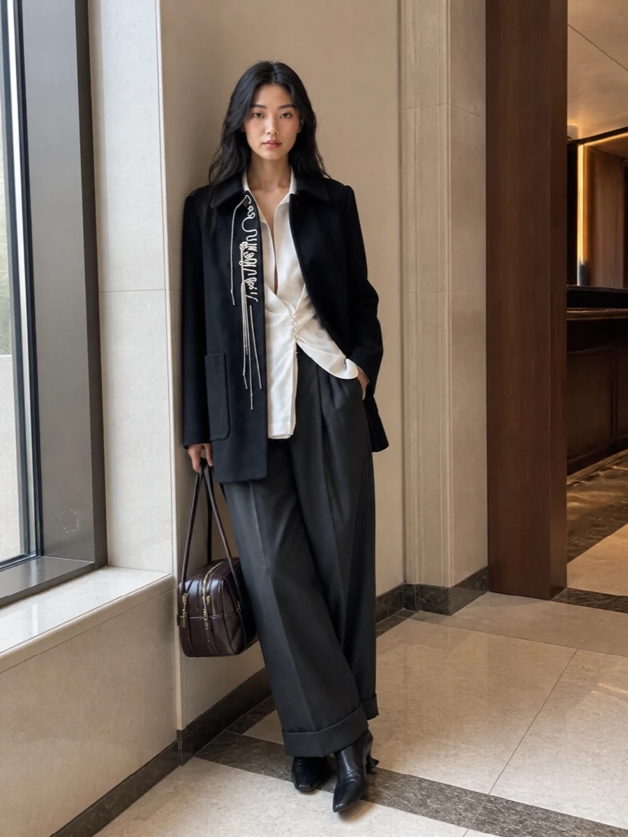 Dries van noten black coat wide leg trousers outfit