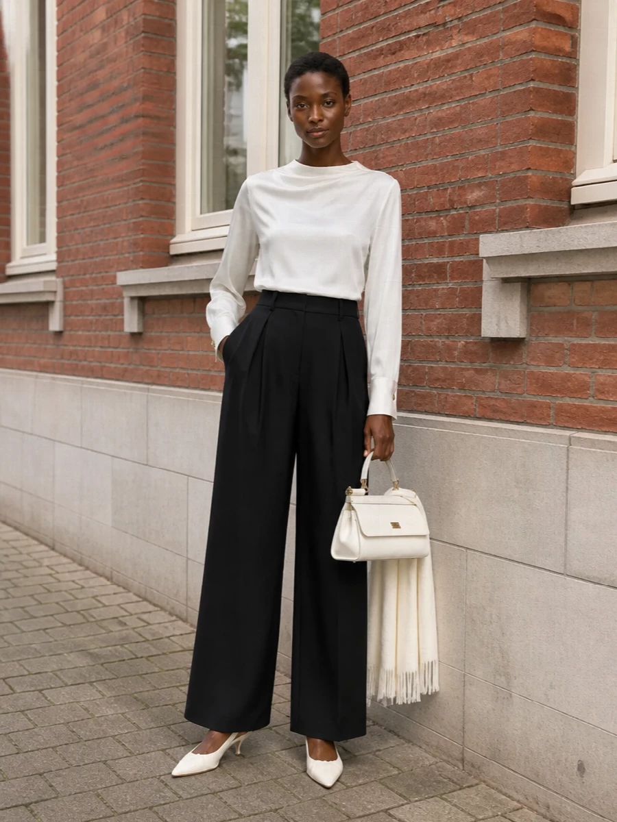 An ivory satin blouse skims into high-waisted black wide-leg trousers, creating a clean, elongated line that feels poised for dinner or a late meeting. The pointed ivory slingback and structured top-handle bag keep the palette refined and luminous, letting the silhouette do the work. A soft ivory scarf adds just enough winter ease without diluting the tailored precision.