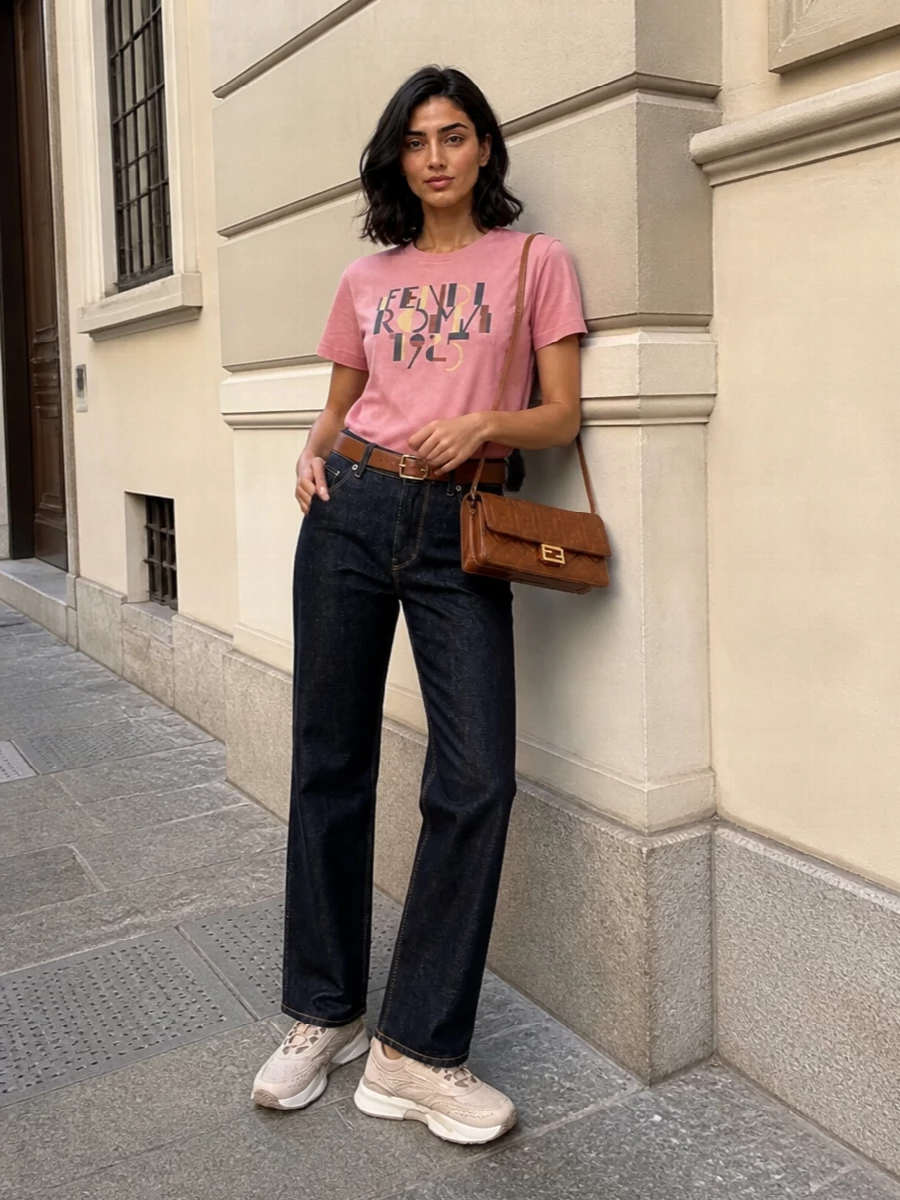 Fendi pink logo tee dark jeans sneakers
