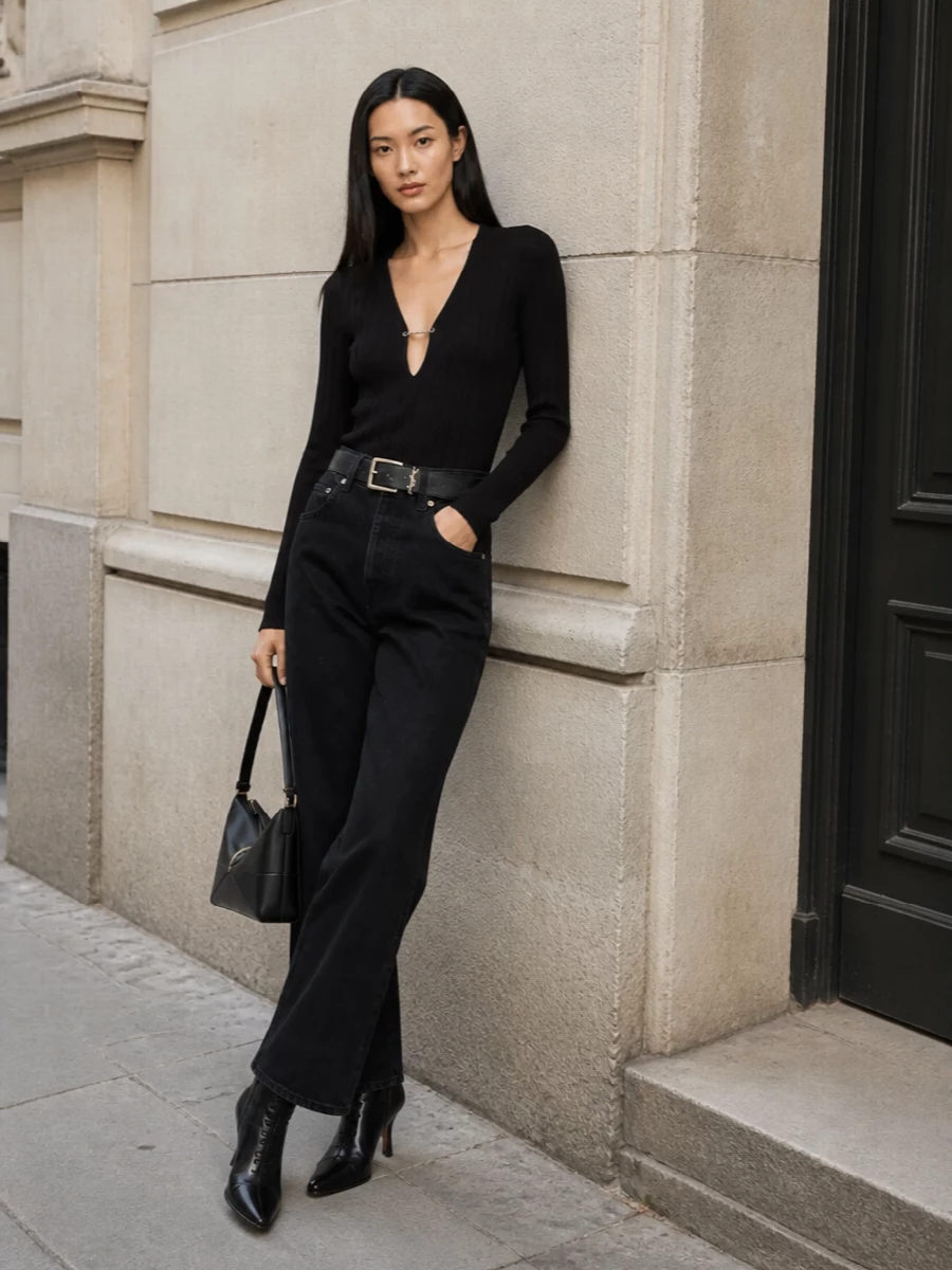 Black wide-leg Jacquemus denim is paired with the brand’s slim, cut-out black ribbed knit for a clean, elongated silhouette with just a hint of attitude. Sculpted black ankle boots and a structured Loewe shoulder bag refine the look into a polished FW uniform, while a sharp Saint Laurent belt crisply anchors the waist without disturbing the minimalist, monochrome palette.