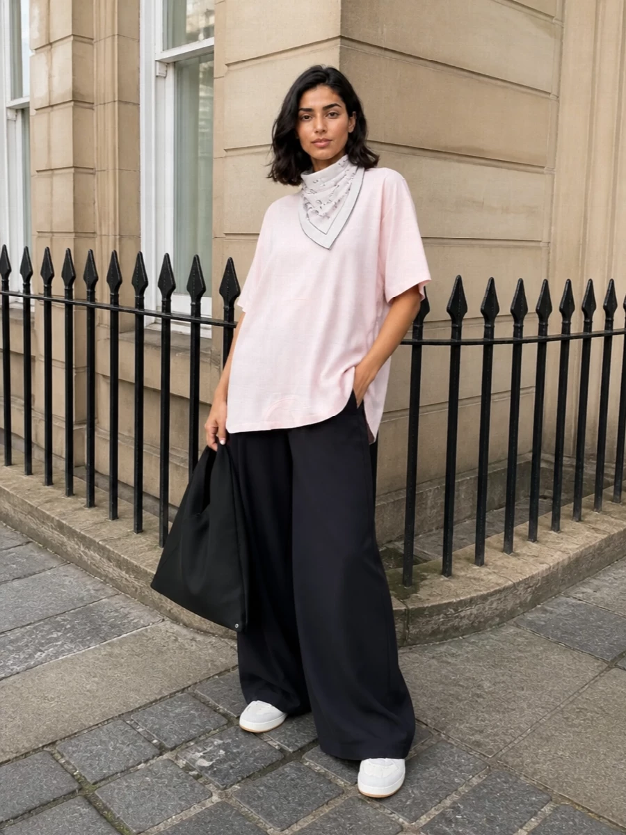 Pale blush and inky black keep this outfit clean and graphic, with the oversized tee spilling over fluid wide-leg trousers for a long, relaxed line. Soft white sneakers and a sculptural black tote ground it in Margiela’s minimal street codes, while the numbers scarf adds a subtle, cerebral detail. It is easy for city days but still feels considered from every angle.