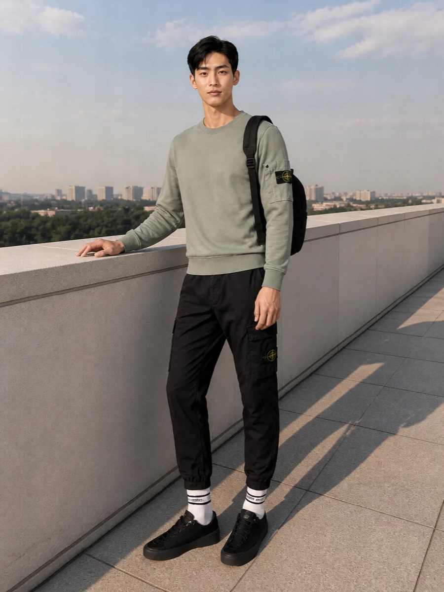 Stone Island’s black cargo joggers and sage crew come together in a clean, technical streetwear palette that feels ready for long city days. Black runners and a streamlined backpack keep the silhouette fast and functional while the striped socks add just enough contrast to break up the dark base. It is a refined, utility-driven uniform that reads intentional without feeling over-styled.