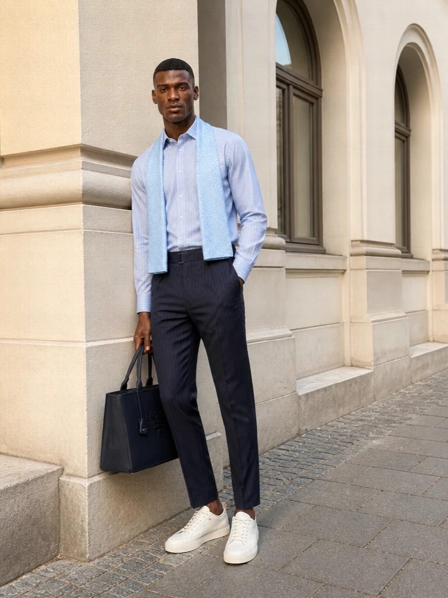 Sacai striped shirt navy pinstripe trousers outfit