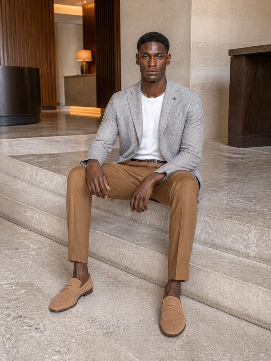 Tagliatore blazer camel trousers tods loafers