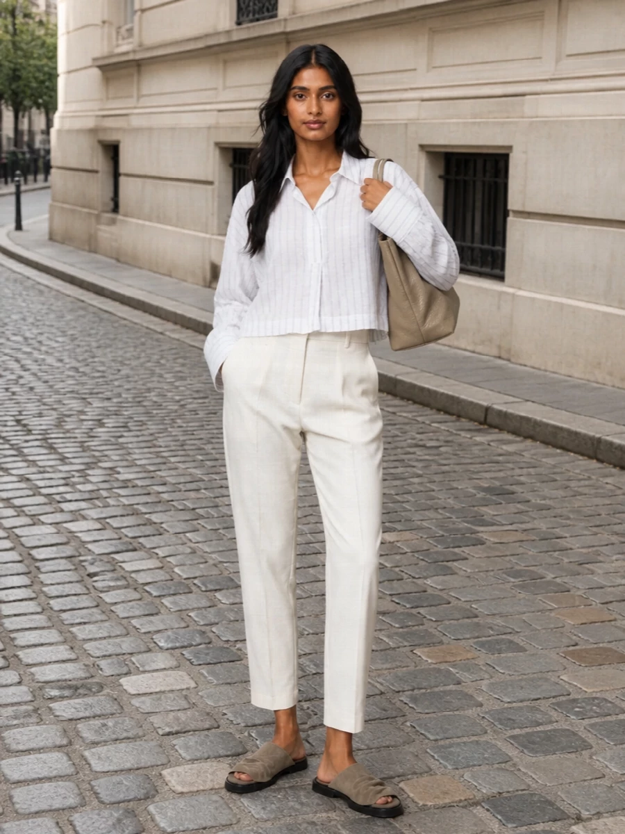 A softly structured striped shirt meets high-rise ivory tailoring for a quietly precise take on warm-weather dressing. Taupe suede mules and a matching structured tote keep the palette low-key and refined, perfect for city days that run a little longer. The proportions stay relaxed up top and neatly tapered through the leg, so it feels considered without ever looking stiff.