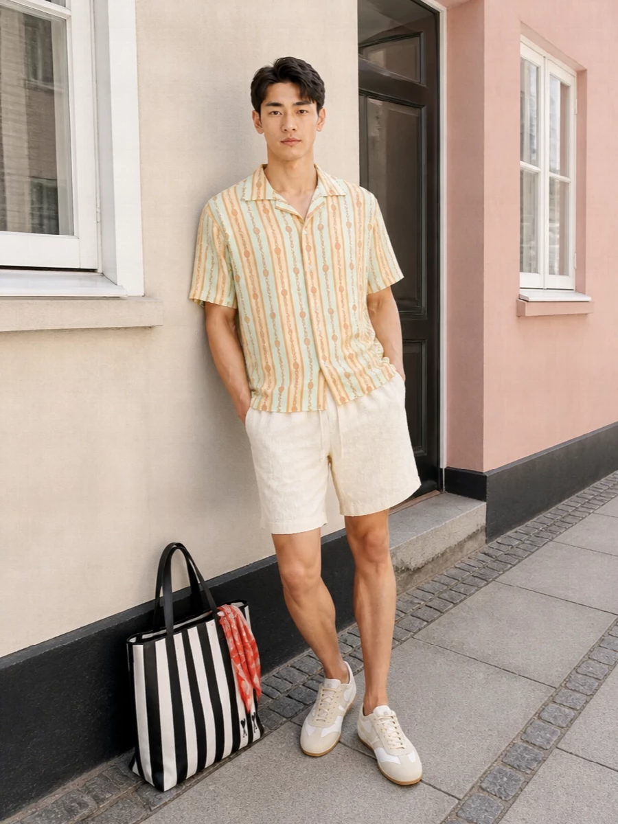 Drole de monsieur camp shirt ivory shorts outfit