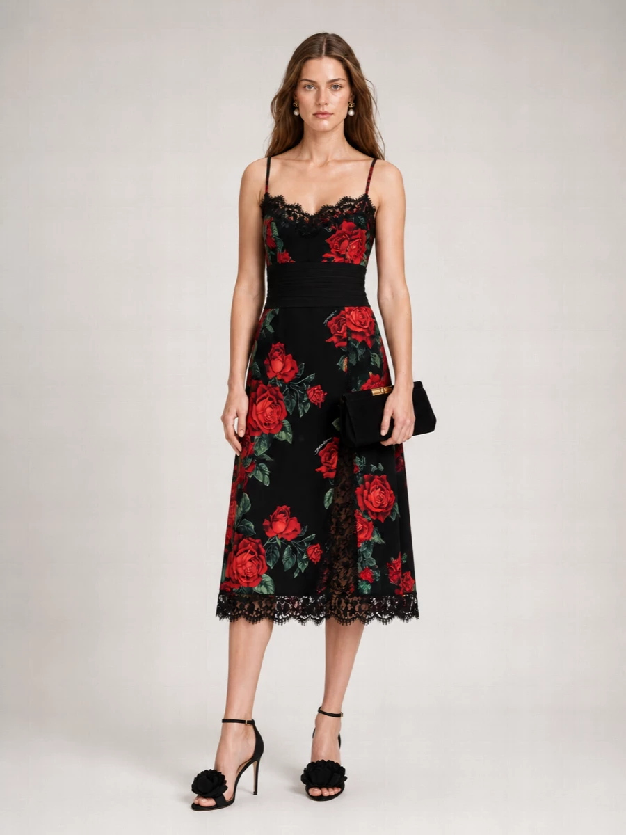 Dolce&Gabbana Silk Floral-Print Lace-Trim Midi Skirt