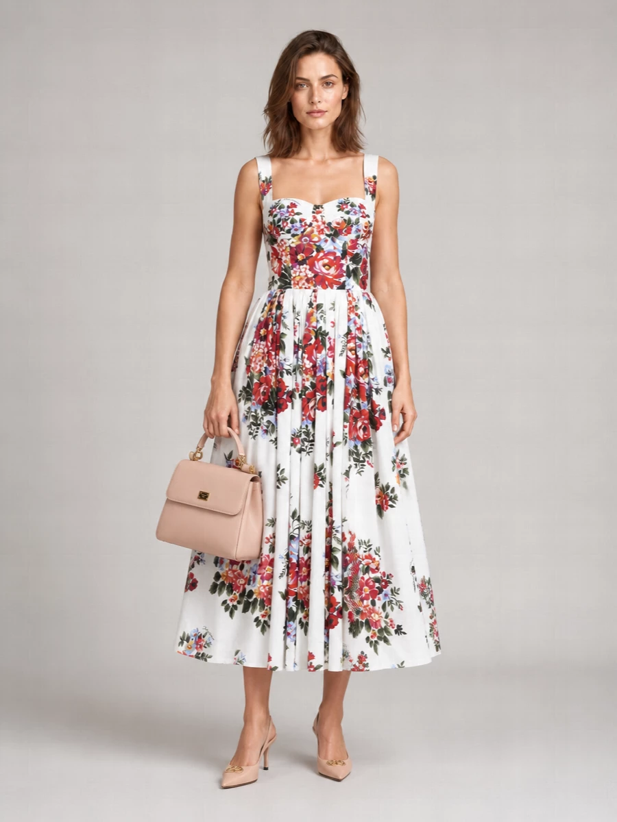 Dolce&Gabbana Cotton Floral-Print Sleeveless Midi Dress