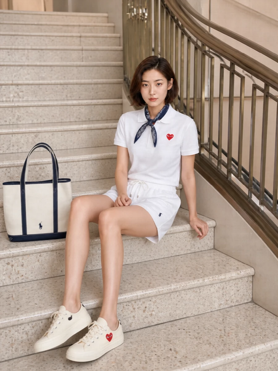 Cdg play polo white shorts cream sneakers tote