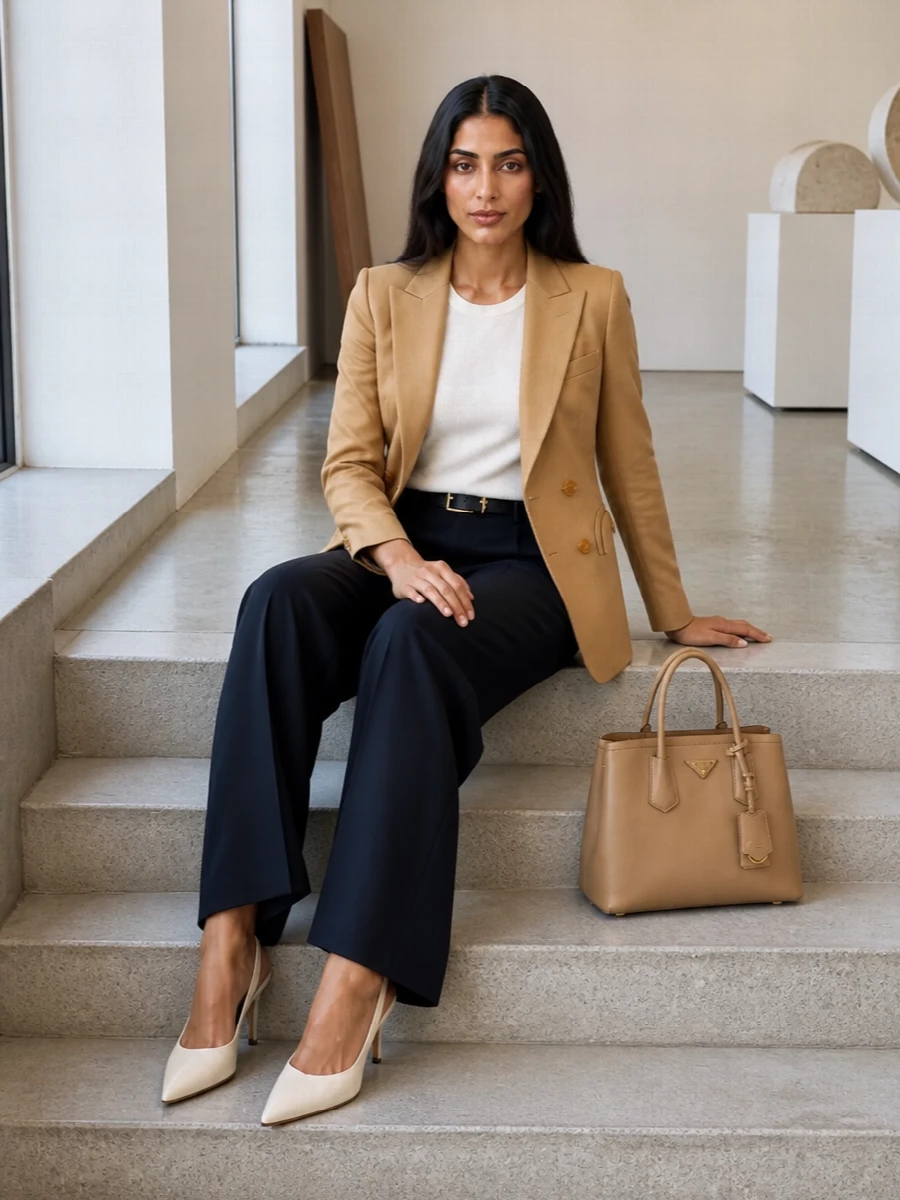 Camel tailoring meets inky navy for a precise, modern take on power dressing. The sculpted blazer and fluid wide leg create a long, clean line, grounded by cream slingbacks and a structured camel top-handle. A slim navy belt pulls the palette together and keeps the proportions razor sharp from boardroom to dinner.