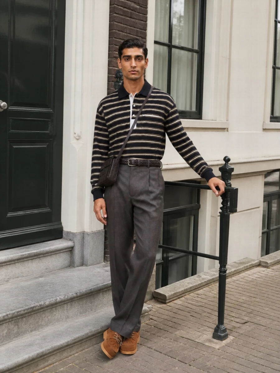 Bottega veneta striped polo pleated trousers outfit