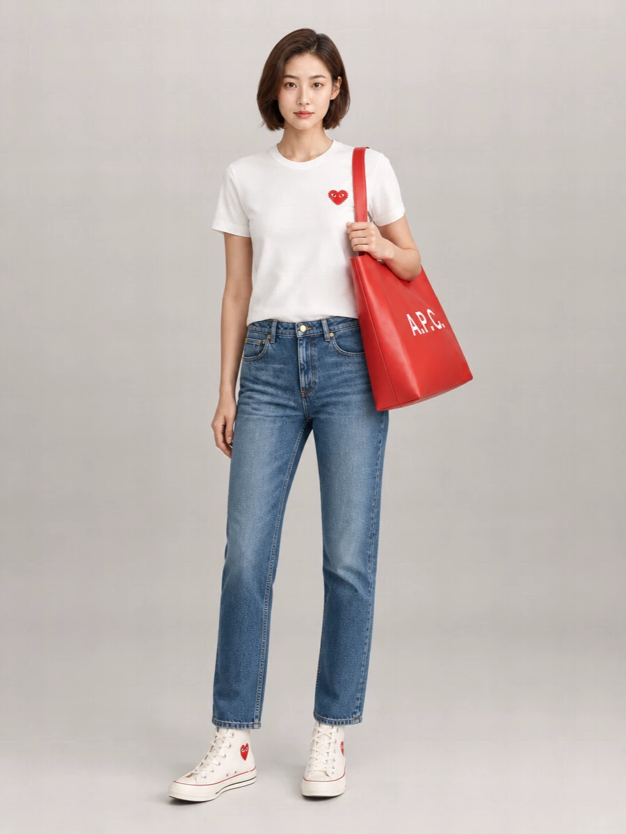 This is a clean, graphic take on off duty dressing, built around the PLAY heart story from sneakers up. The white tee and straight faded denim keep the silhouette easy and classic, so the red heart details and tote become the focus. I chose the tee and jeans path over a dress to stay closer to the sneakers’ streetwear roots and the brand’s relaxed, unisex energy.
