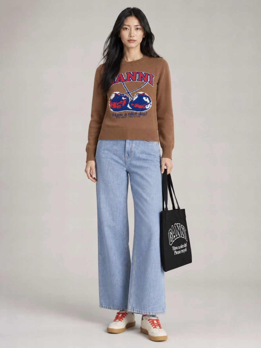 Ganni Organic Cotton Cherry-Print Crewneck Sweater