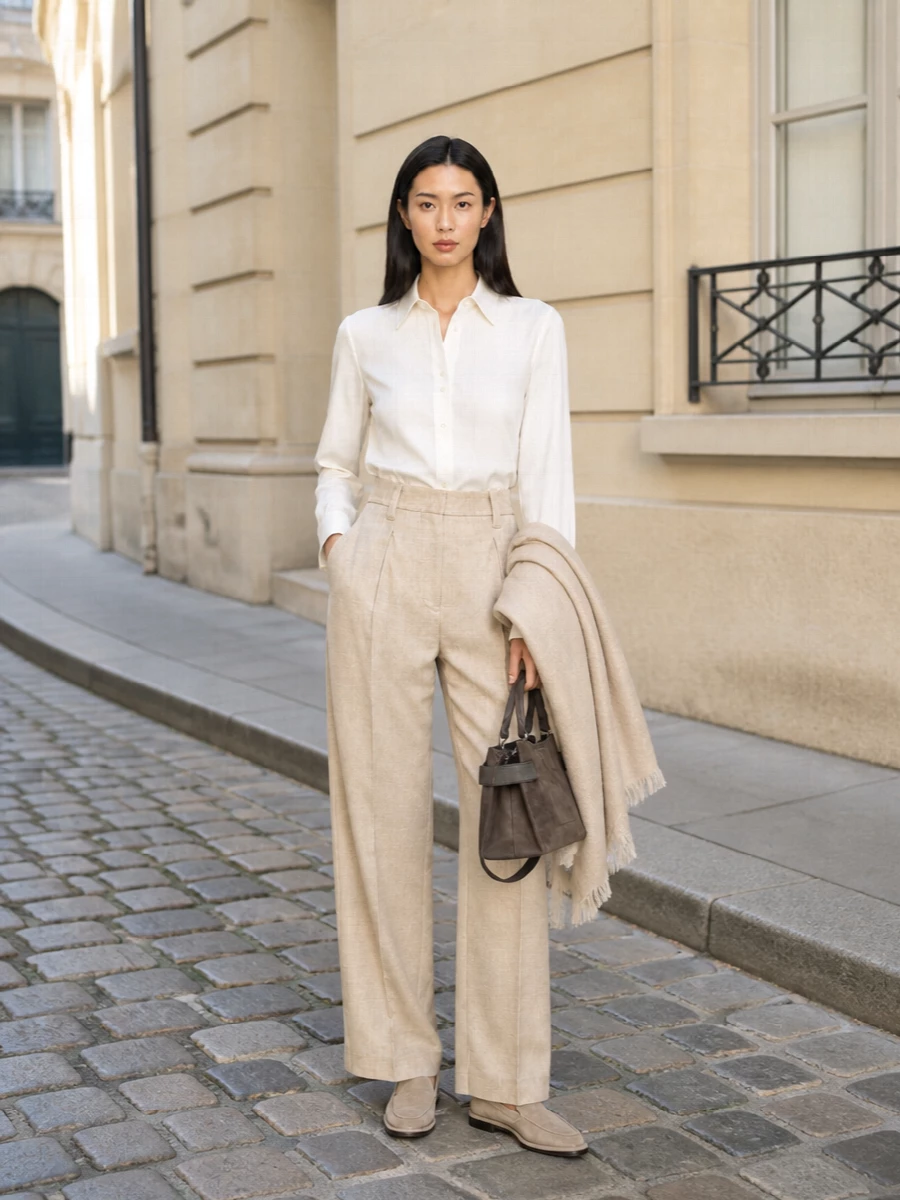 Brunello cucinelli ivory shirt beige wide leg pants
