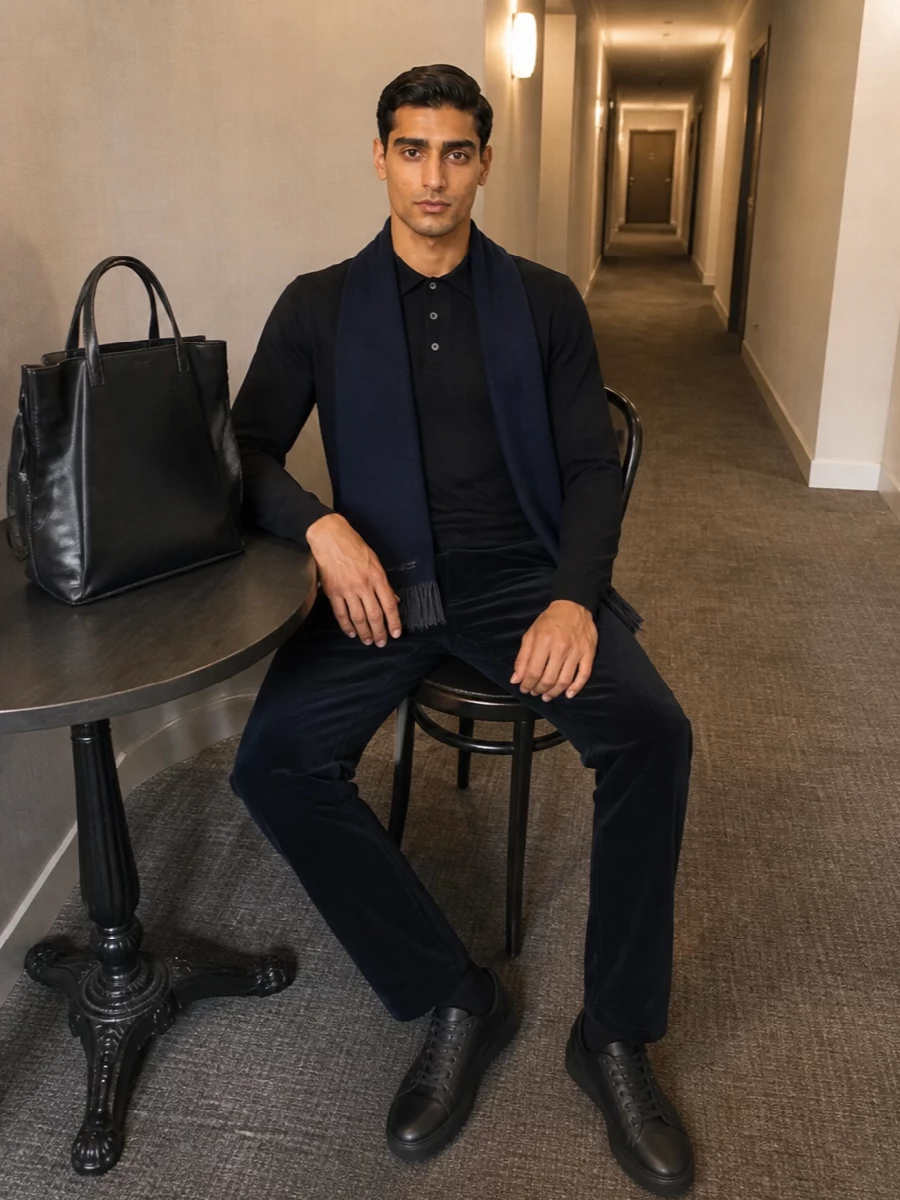Apc black polo corduroy trousers outfit