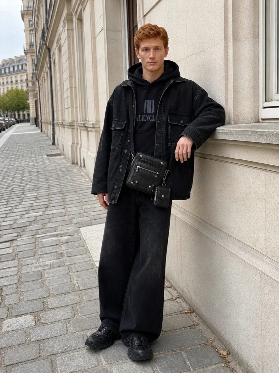 Balenciaga black parka wide leg jeans outfit