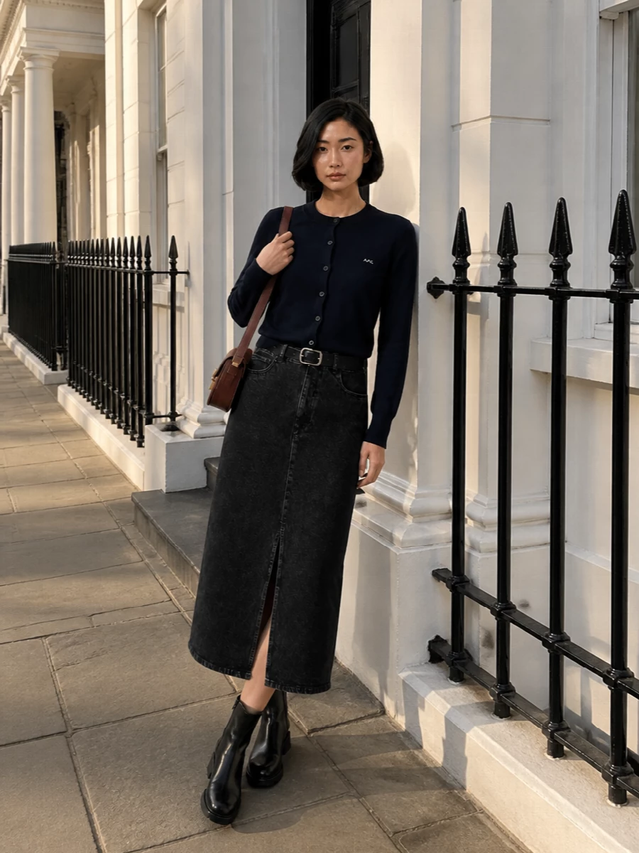 Apc denim midi skirt navy cardigan outfit
