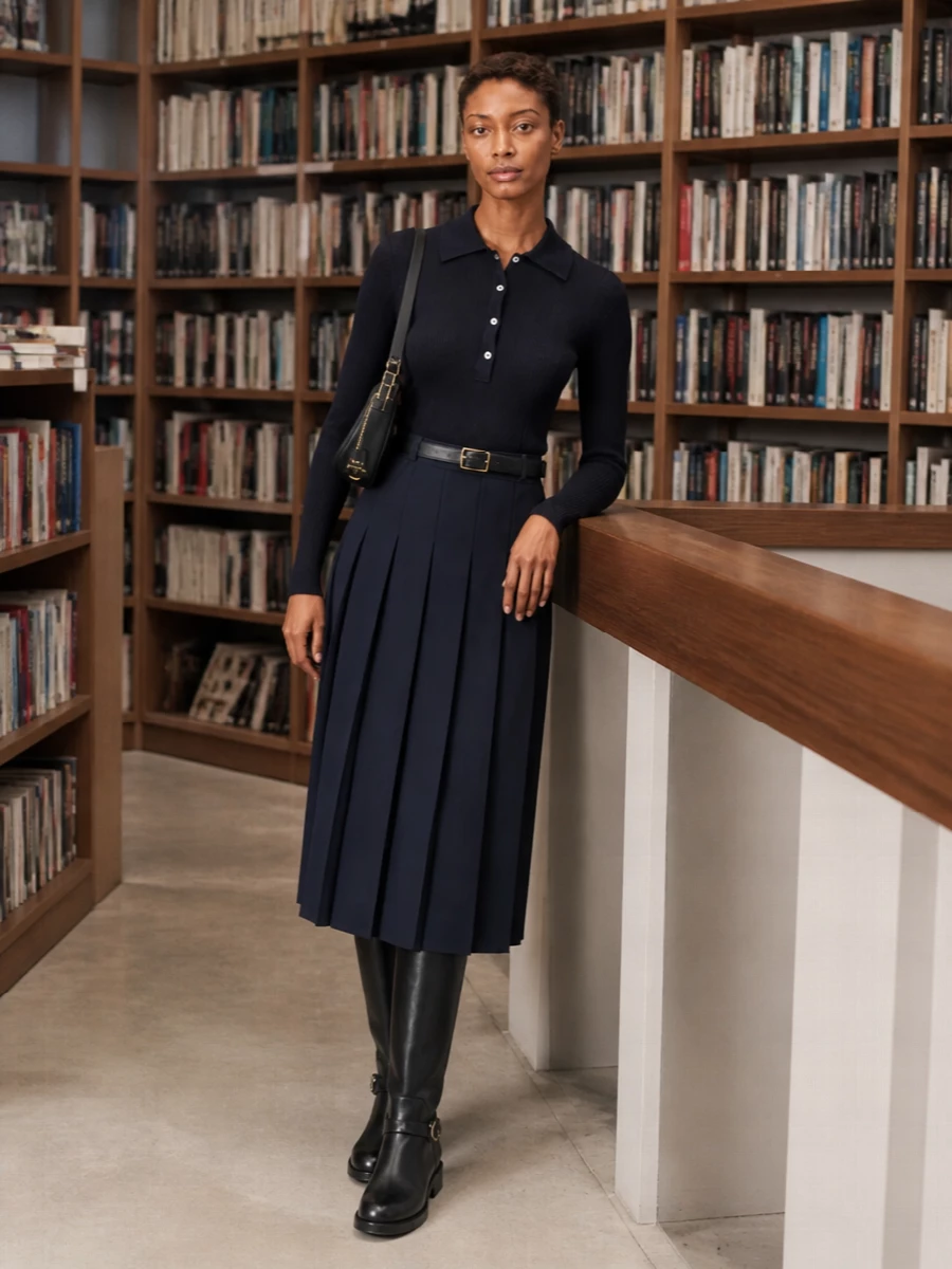 Parosh navy pleated midi skirt prada black knee boots