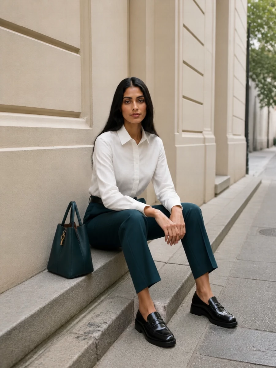 Frankie shop teal trousers white shirt tods loafers