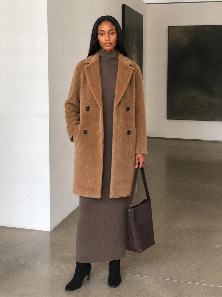 Max mara camel coat knit maxi dress outfit
