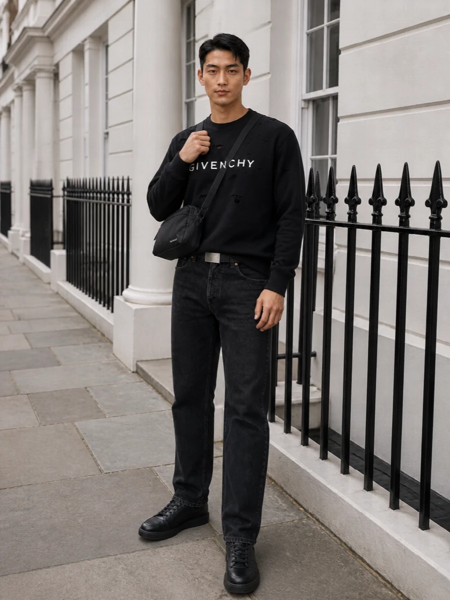 Givenchy black sweatshirt washed black jeans outfit