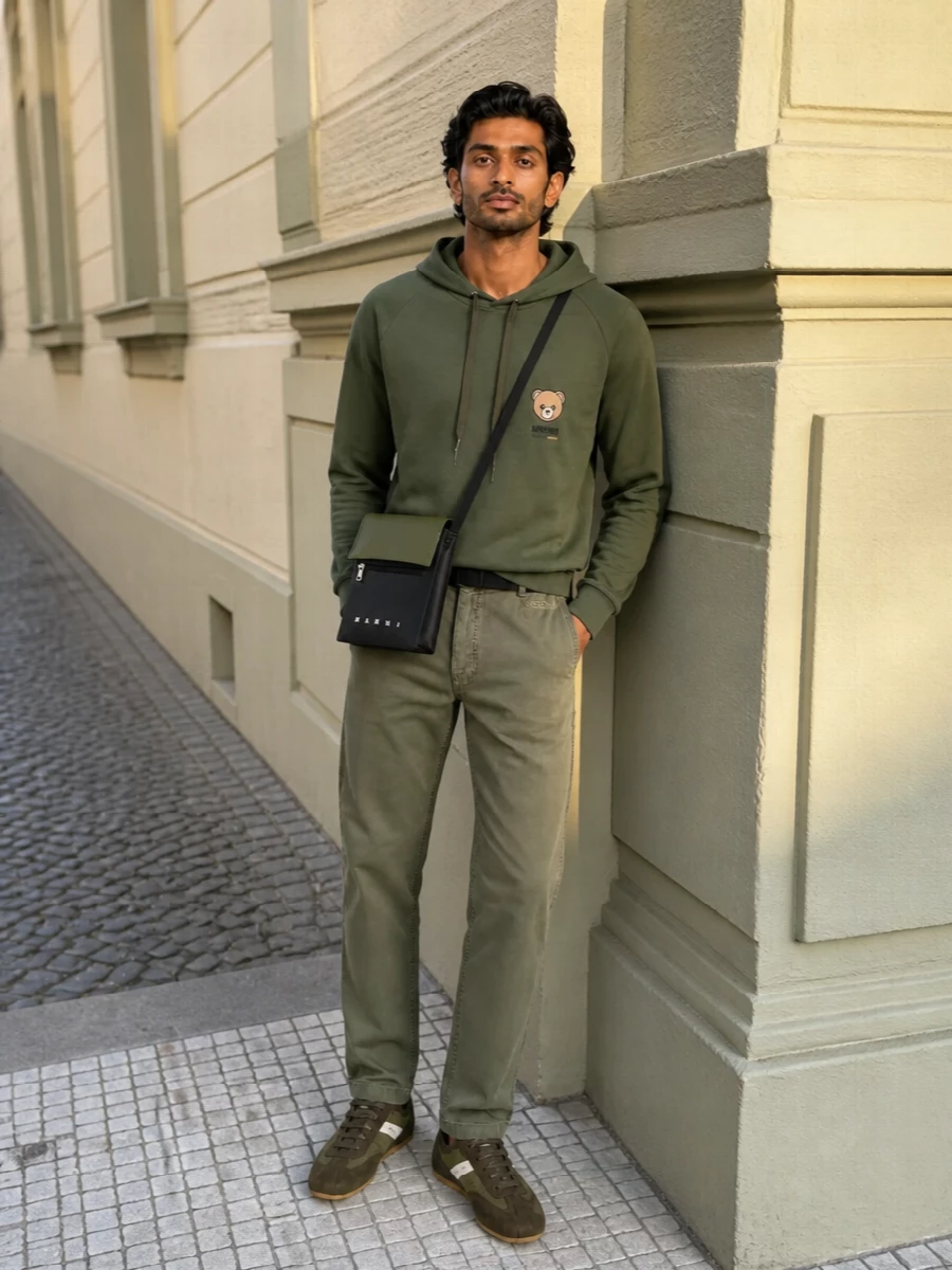 Moschino olive pants hoodie mcqueen sneakers