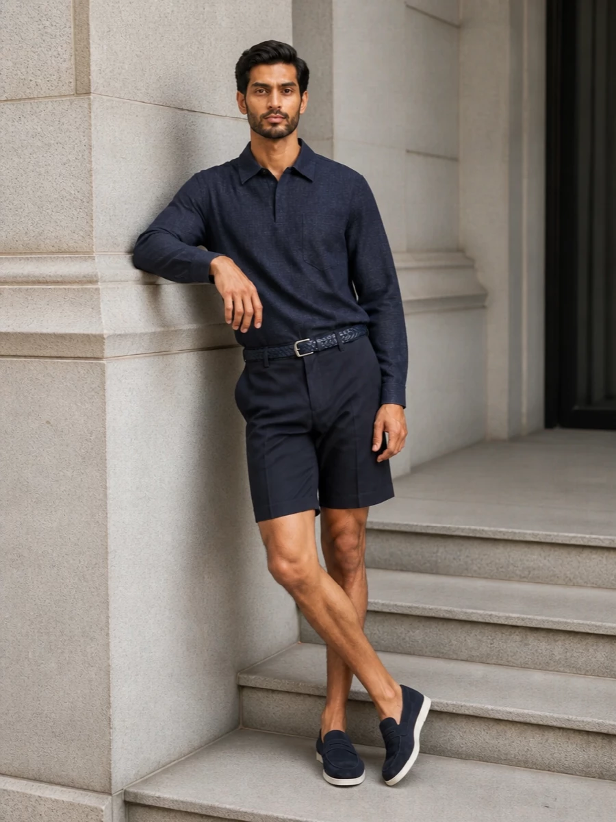 Paul smith navy tailored shorts outfit loafers