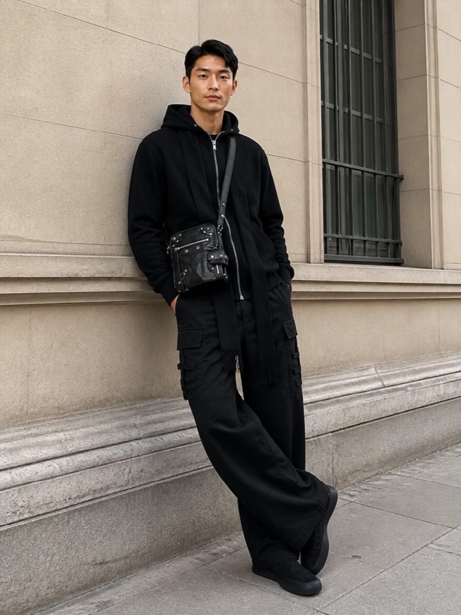 This look leans fully into a dark, Rick-adjacent street uniform: the black zip hoodie is grounded by wide-leg DRKSHDW cargos, giving you that elongated, utilitarian column from hip to hem. A sculptural black sock-sneaker keeps the base sleek and modern, while a hard-edged Balenciaga crossbody and slim Saint Laurent scarf add just enough hardware and texture to feel considered without breaking the minimalist, dystopian mood.