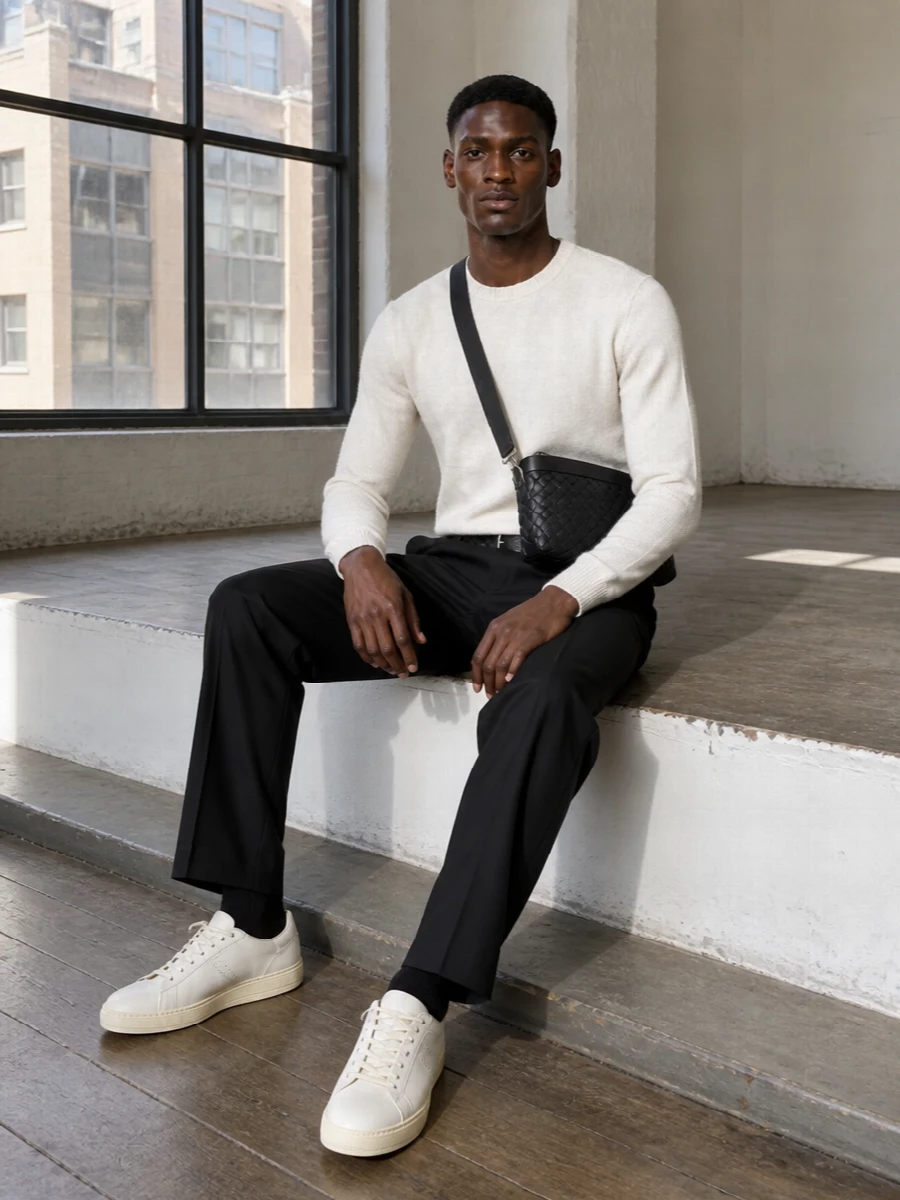 An off-white Tom Ford crew-neck is anchored by crisp black pleated trousers, creating a graphic yet soft monochrome foundation. Off-white sneakers keep the silhouette relaxed and modern, while a black intrecciato crossbody and matching belt add discreet structure and texture for a quietly luxurious FW city look.