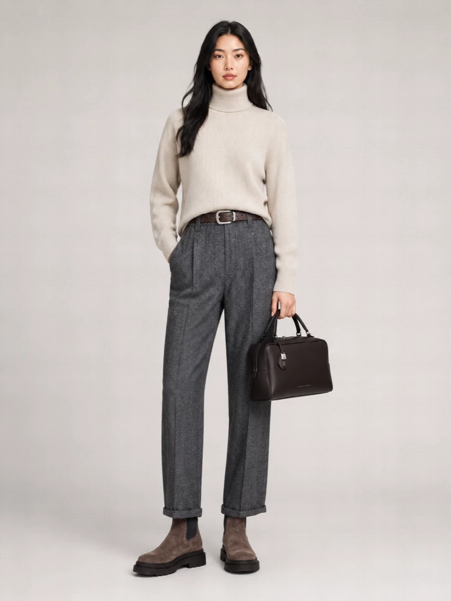 Brunello Cucinelli Virgin Wool Cashmere Pleated Wide Leg Trousers