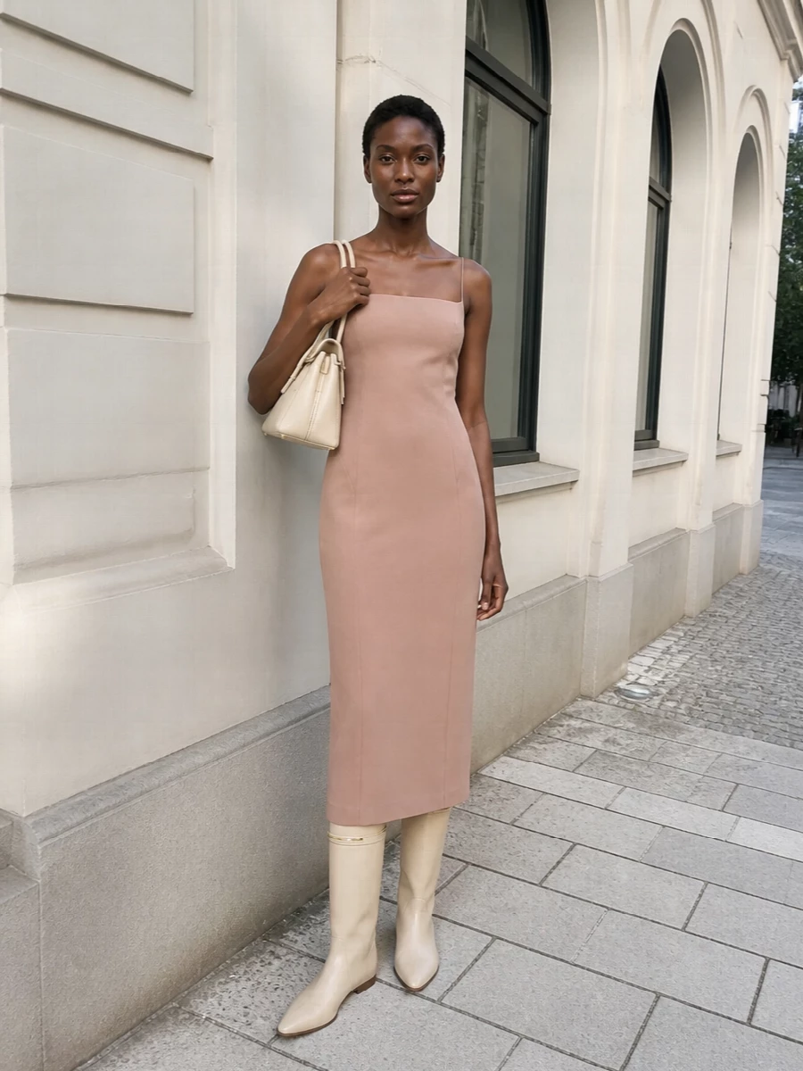 I anchored this with the rose‑nude Attico column dress rather than separates, so the boots can read as a seamless extension of the silhouette instead of competing with tailoring lines. The near‑tonal pairing of dress and Givenchy boots keeps everything very clean and modern, with the Margiela bag adding one more sculptural, butter‑soft note in the same quiet‑luxury register. It is a softly formal, minimalist evening ensemble where proportion and palette do the work instead of overt detailing.