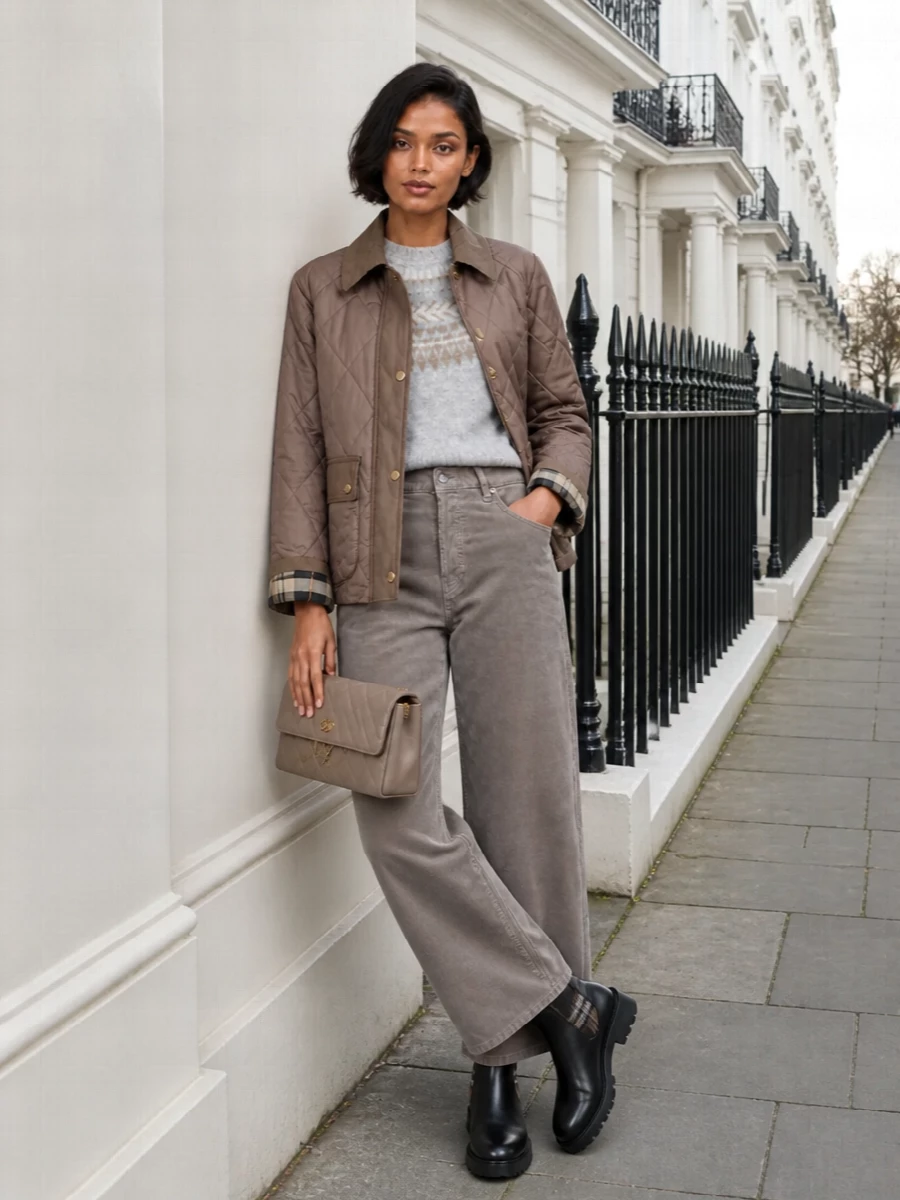 Barbour quilted jacket taupe cord trousers outfit
