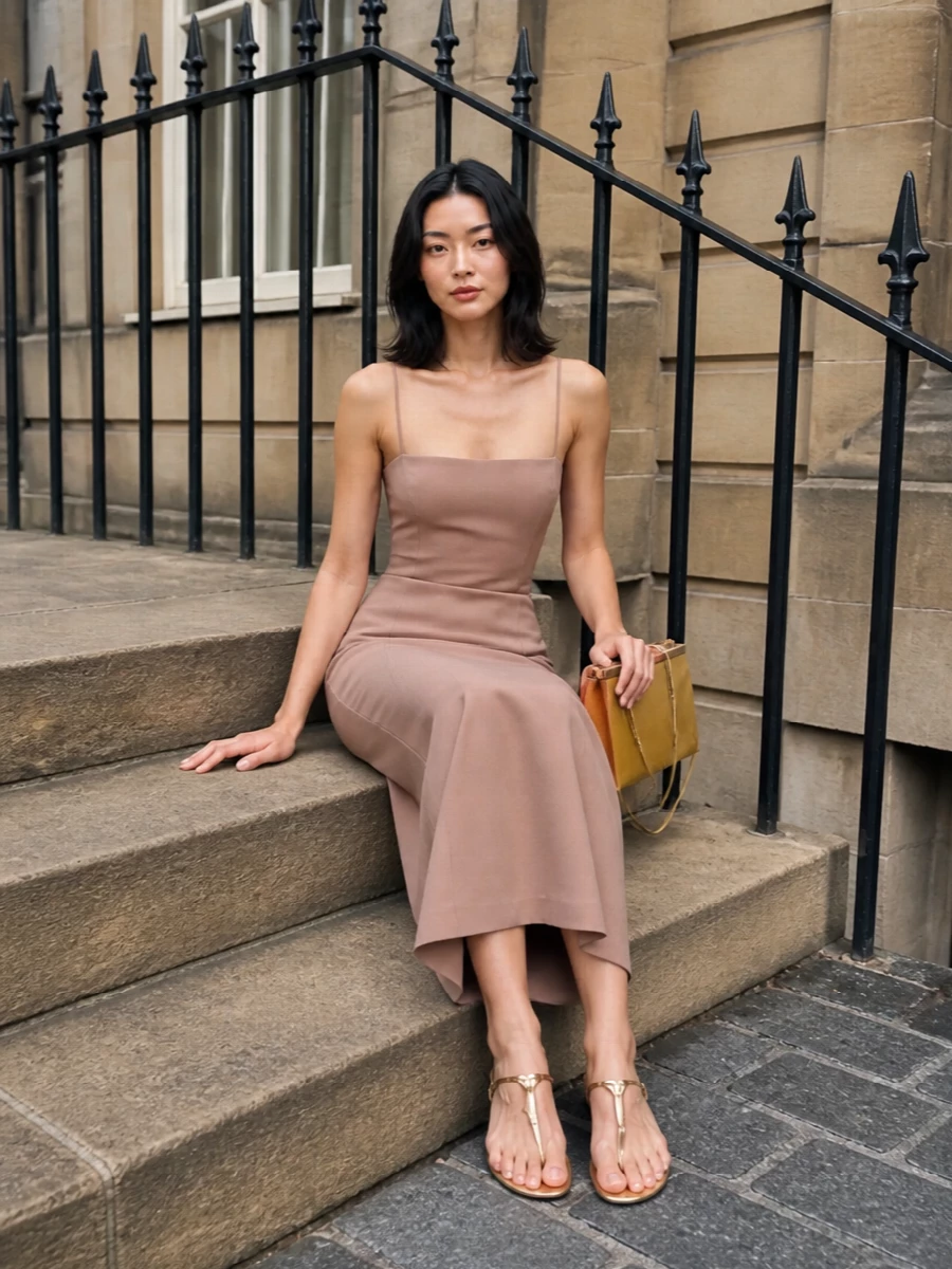 This pairing leans into a soft nude and gold story, with the Prada flat sandal reading like jewelry against The Attico’s rose column. The long, clean lines keep it minimalist and romantic rather than overtly formal, so the flat feels deliberate. Choosing the dress path over separates preserves that uninterrupted column, which is exactly what makes a delicate thong sandal feel chic for evening.
