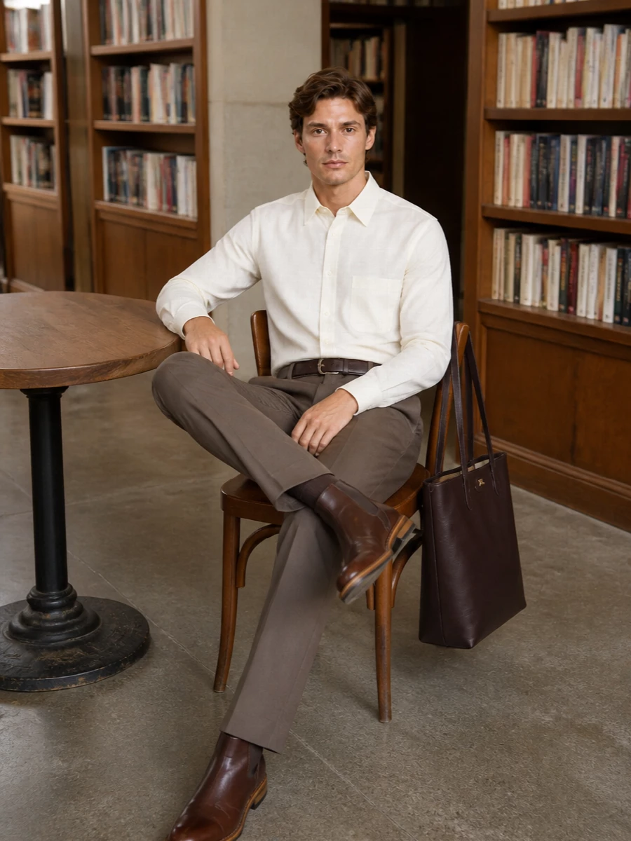 Taupe tailoring meets soft buttercream for a calm, precise outfit that feels polished without leaning corporate. The straight-leg trouser and regular-cut shirt keep the lines clean, while rich brown leather at the waist and ankle adds depth. A tall chocolate tote finishes it with quiet authority for office days that run into dinner.