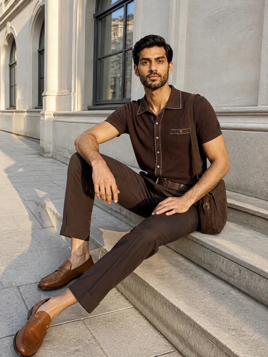 Versace brown trousers knit polo loafers