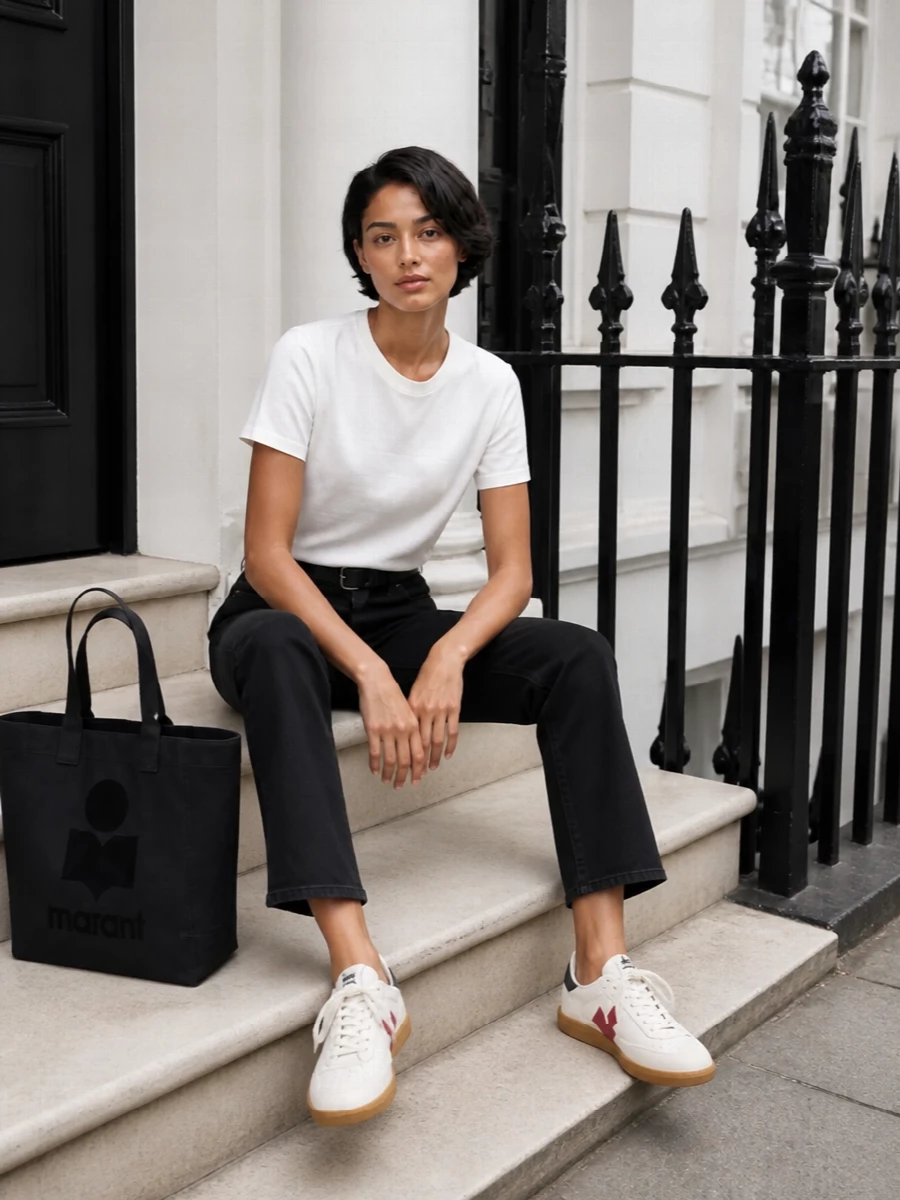 Soft white tee, washed black straight denim, and clean off-white sneakers create a quiet, Parisian street uniform that feels considered but easy. The black logo tote and slim belt keep everything graphic and streamlined without competing with the simplicity of the base.