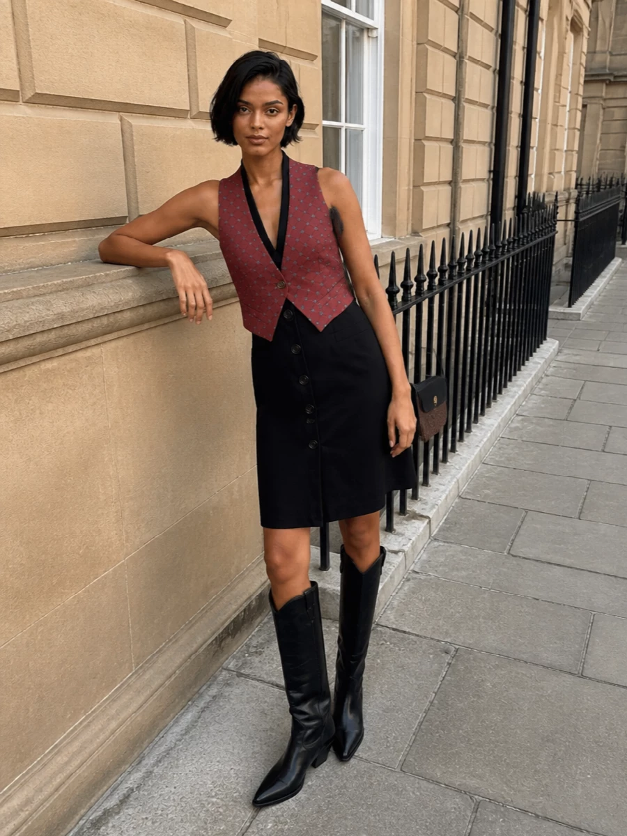 Etro waistcoat styling with Dsquared2 halter dress
