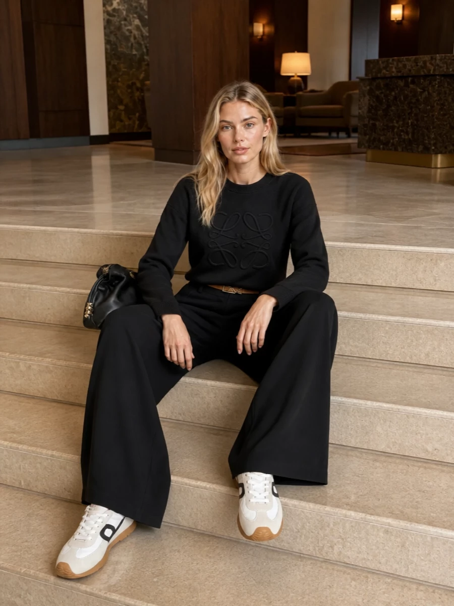 A cropped Loewe logo knit meets fluid, ultra-wide black trousers for a quietly graphic take on relaxed tailoring. Off-white logo sneakers keep it grounded and streetwise, while a slouchy black pouch and slim tan belt add just enough structure and contrast to feel considered without reading formal.