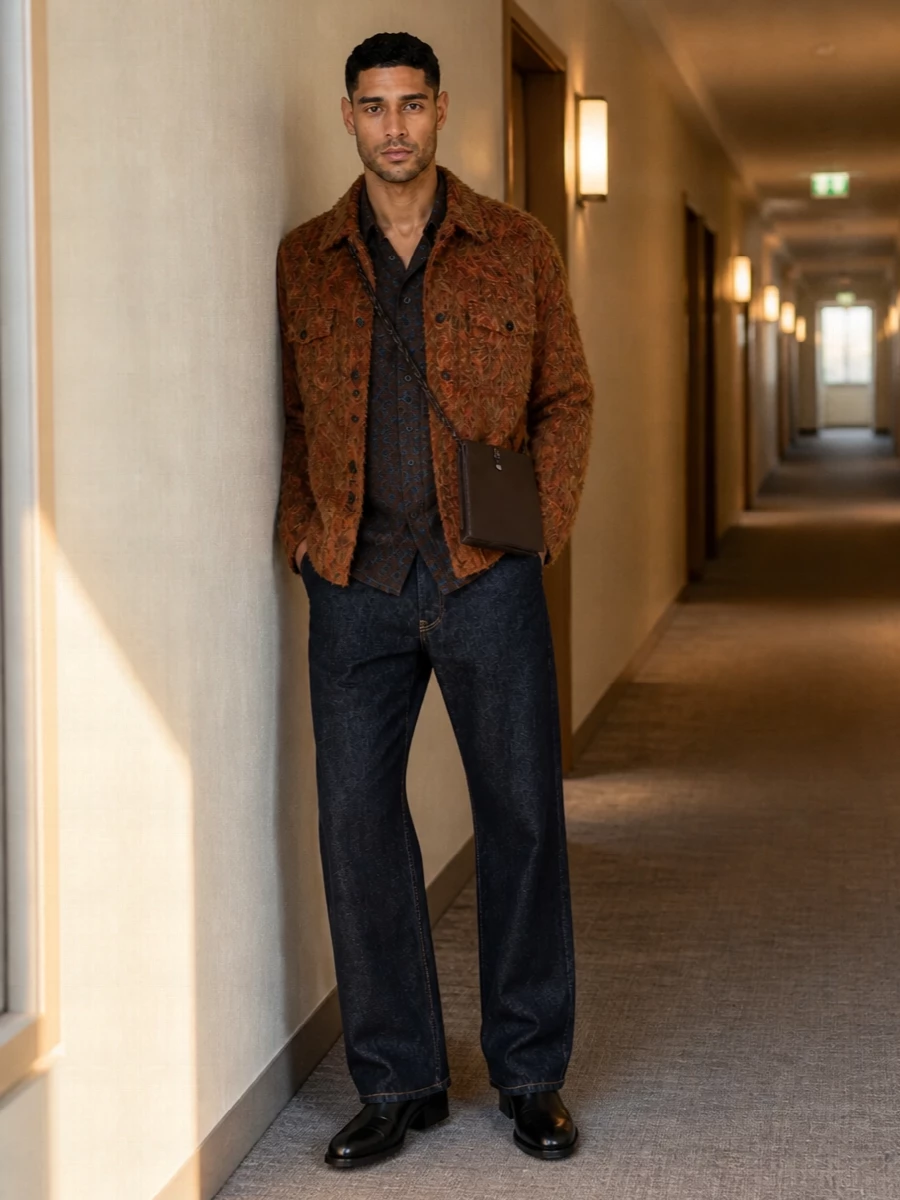 This is Dries at his most tactile and poetic: a rust shaggy shirt jacket layered over a moody floral shirt, grounded by dark-architecture denim. Black heeled boots bring a precise, slightly subversive finish, while a slim chocolate suede crossbody keeps the whole composition rich, autumnal and quietly intellectual. It feels like gallery afternoons that slide straight into late dinners, with texture doing as much of the talking as print.