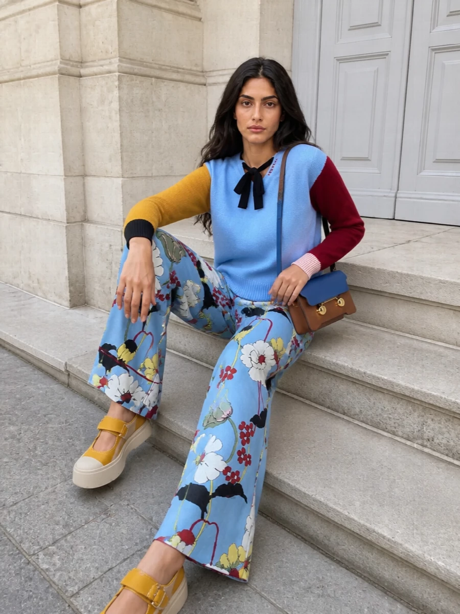 Marni color block sweater floral wide leg trousers