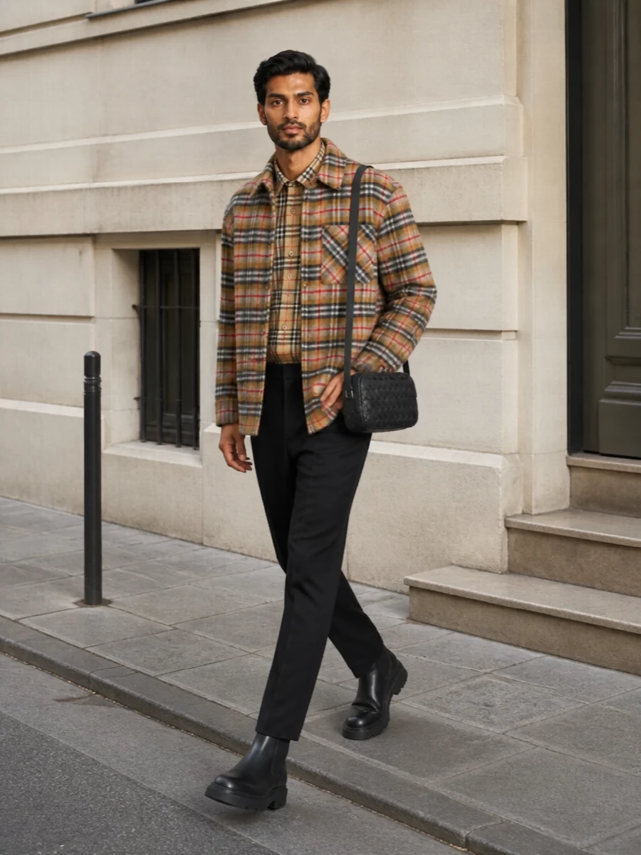 Burberry checked shacket black trousers outfit