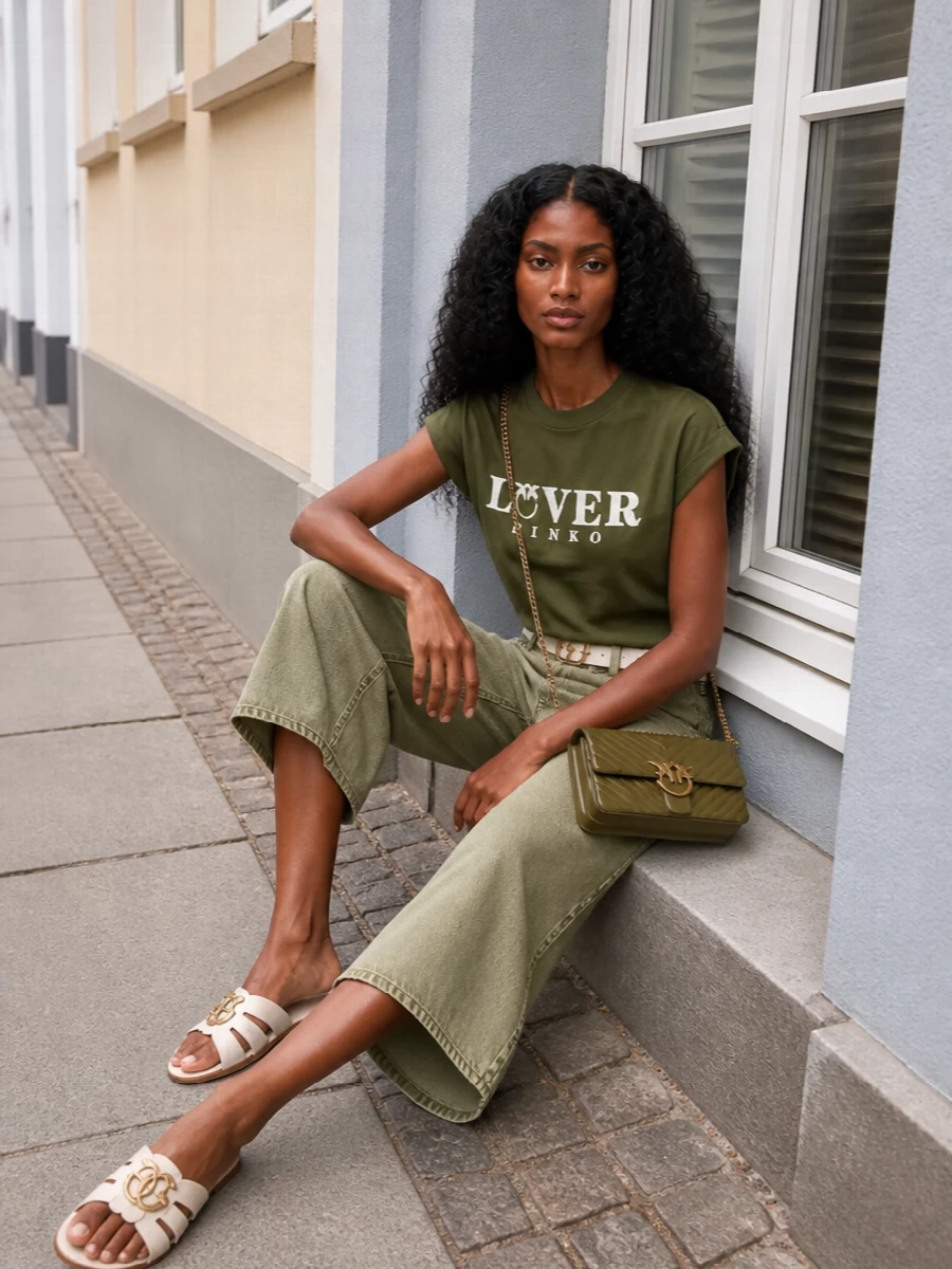 Pinko olive tee sage wide shorts outfit