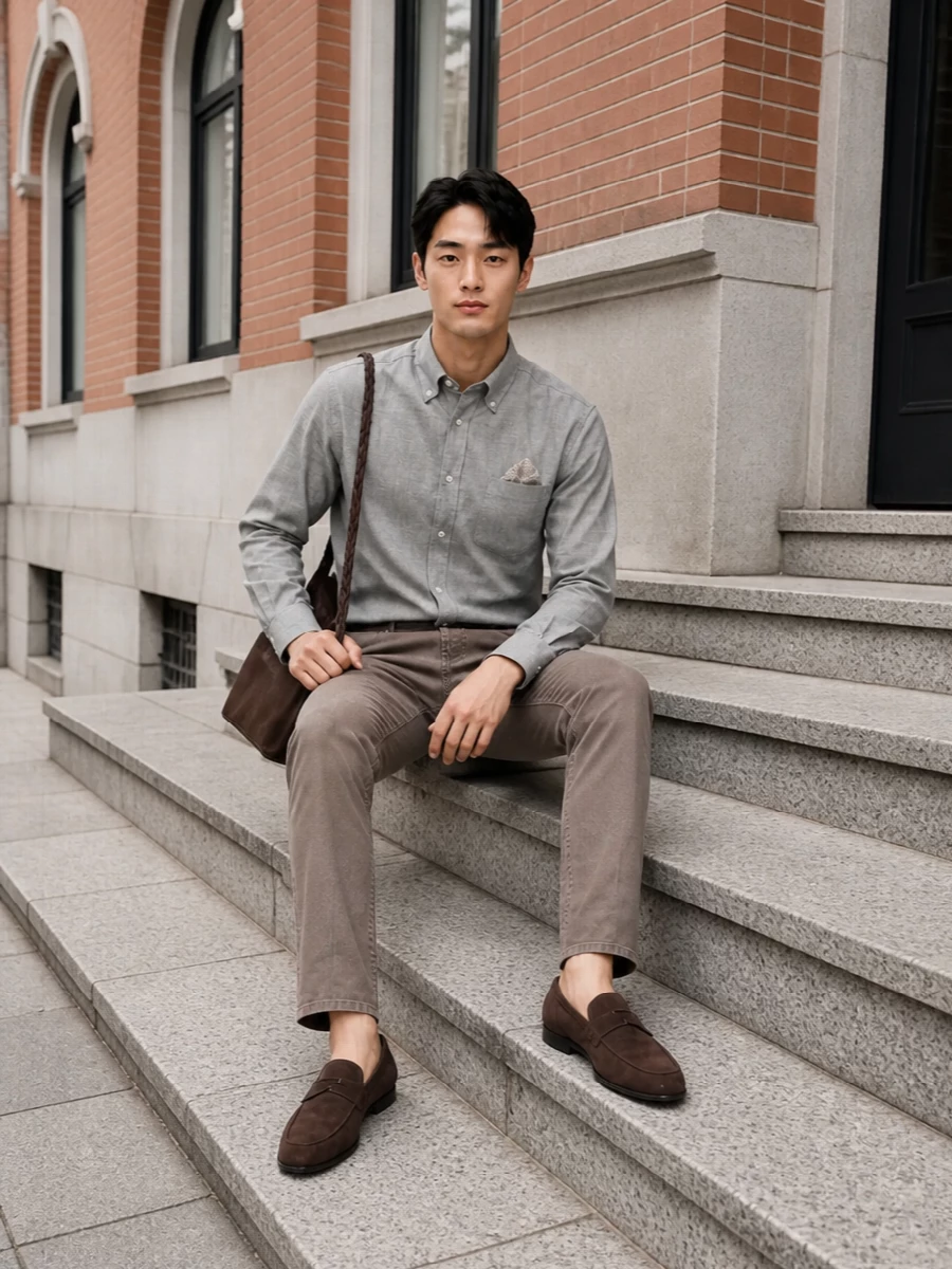Brunello cucinelli grey shirt taupe trousers