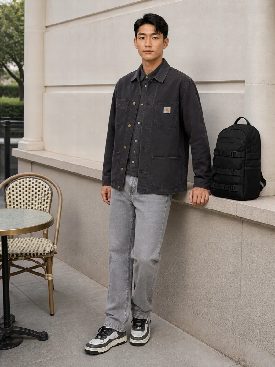 Carhartt wip charcoal jacket grey jeans outfit