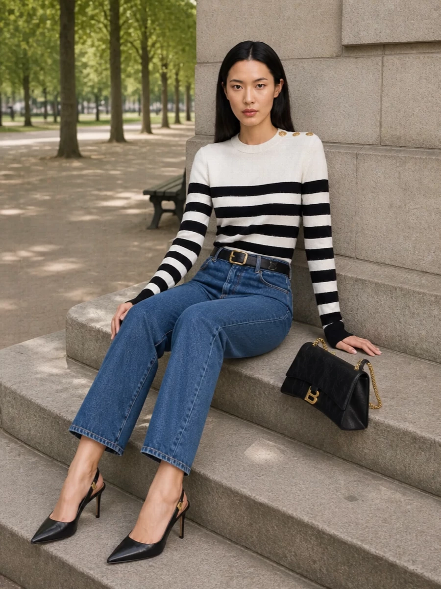 This look leans into a quintessential Parisian uniform: high-rise indigo Balmain denim grounded by a refined ivory-and-black striped knit with gleaming gold buttons. Sleek black slingback stilettos and a structured Balenciaga shoulder bag sharpen the line, while a slim Saint Laurent belt neatly defines the waist for a polished, day-to-dinner city silhouette.