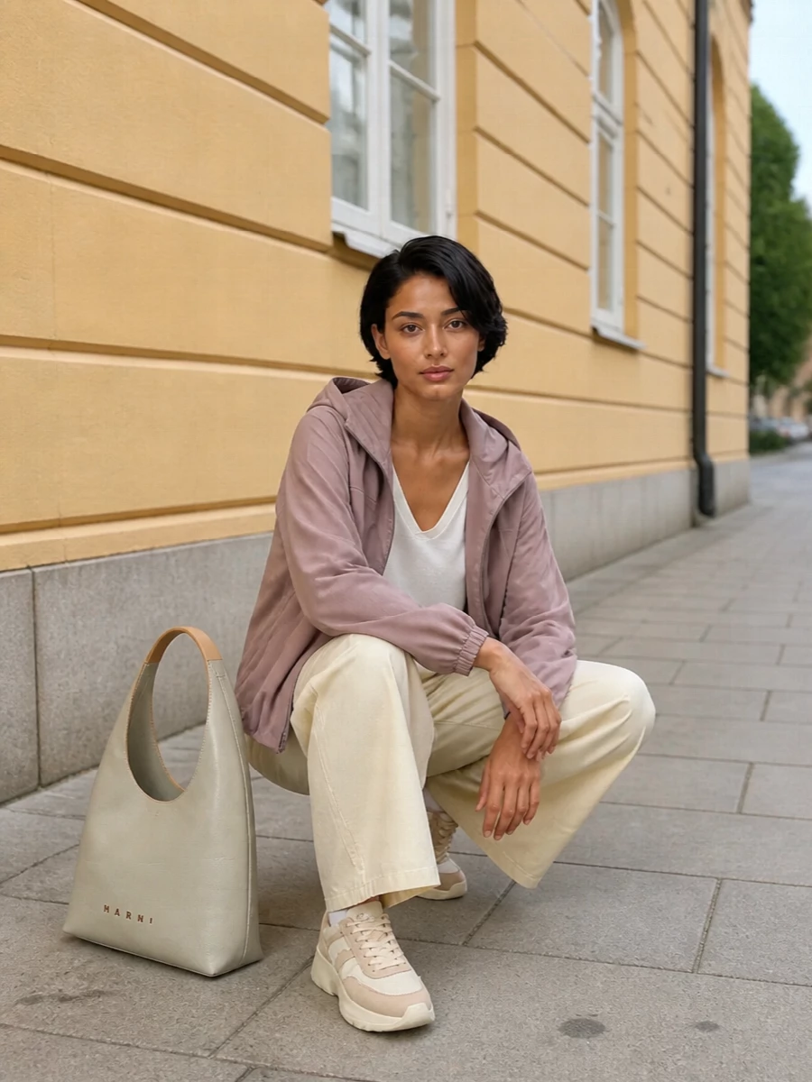 Herno mauve jacket beige wide leg pants outfit