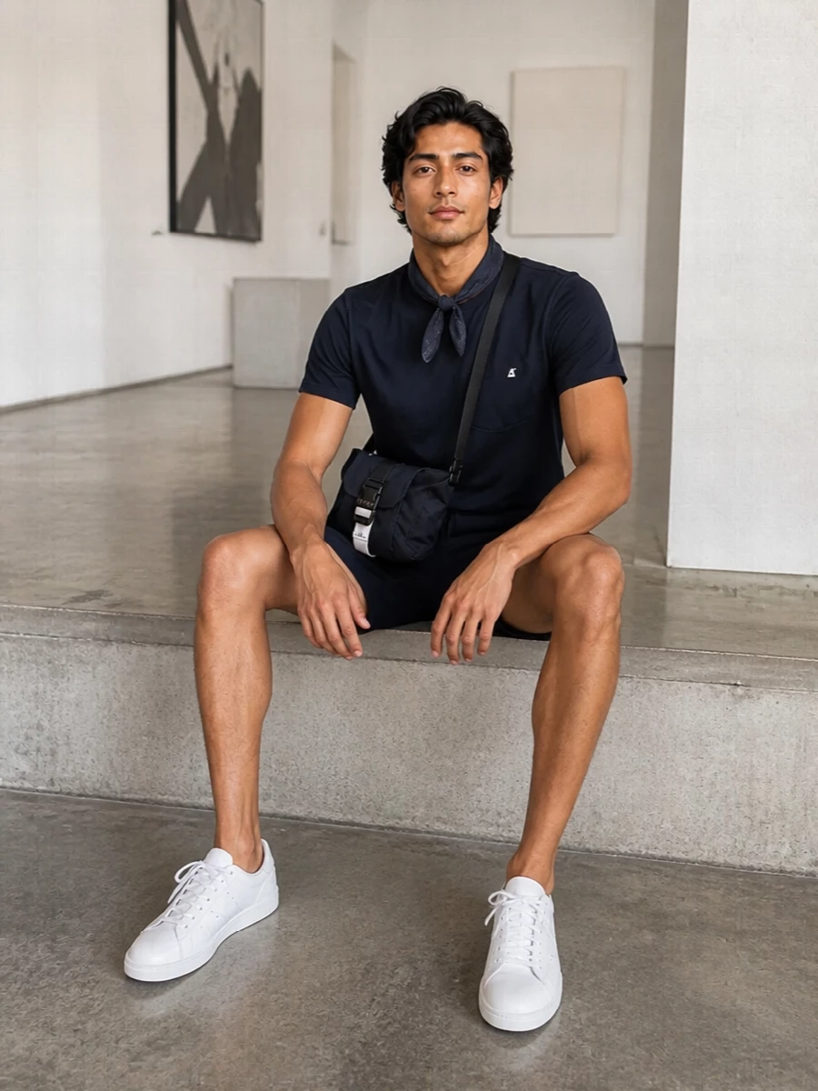 K way navy tee outfit shorts adidas sneakers